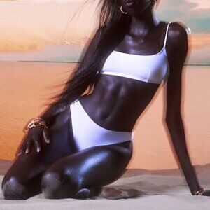 Aritzia Babaton white scoop-neck bikini top with high-waisted bottom (size S)